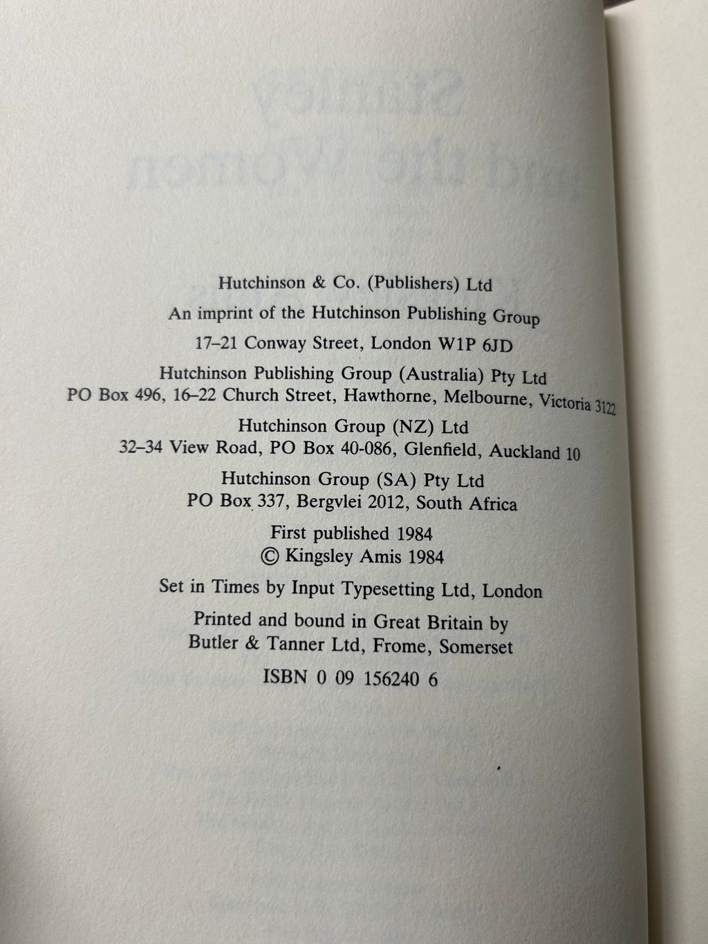Stanley and the Woman- Kingsley Amis. Uk 1st Edition 1984