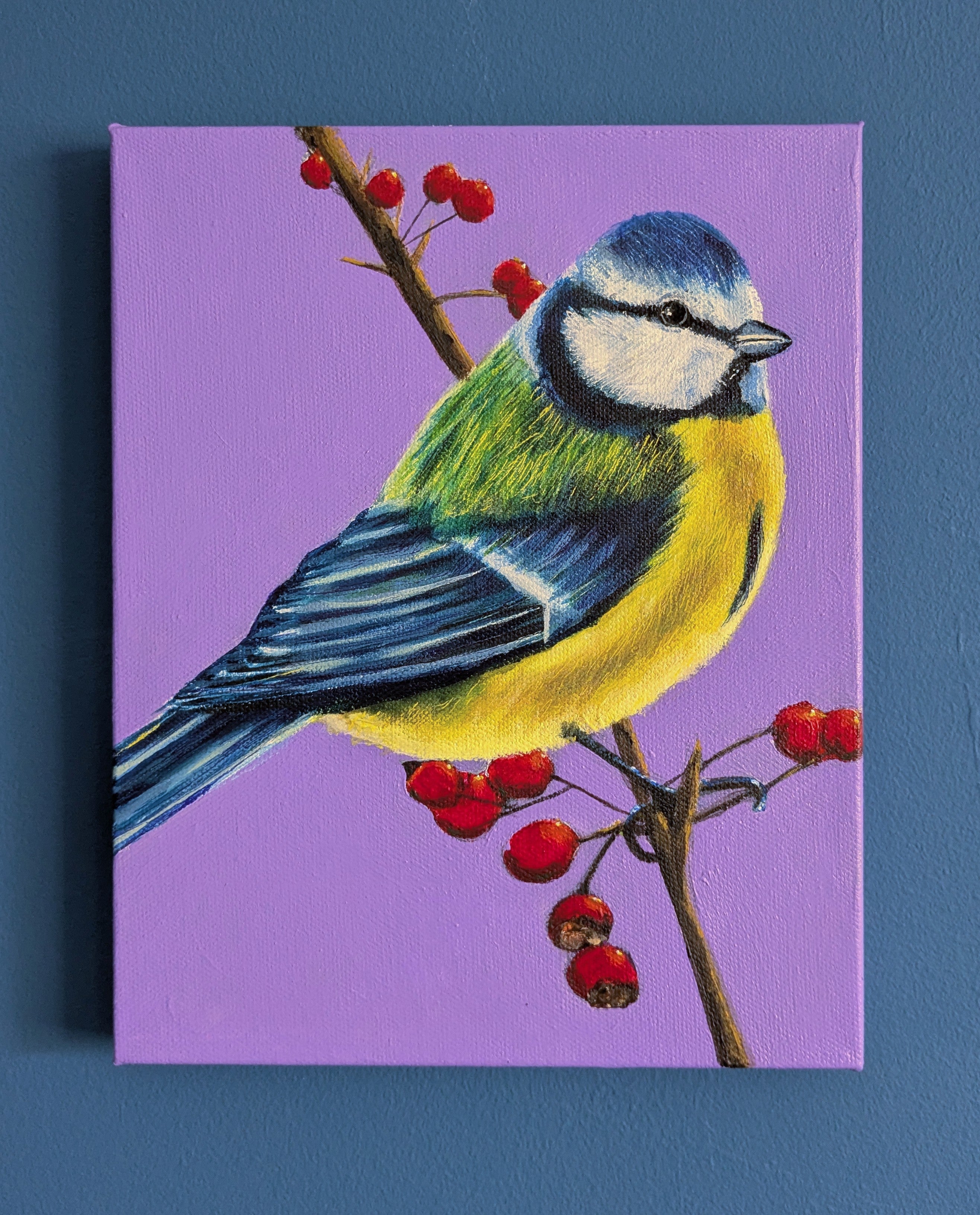 “Blue Tit” by Suzanne Allatt. Acrylic on canvas